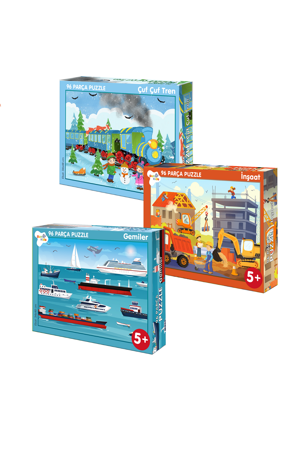 96 Parça Puzzle 3'lü Set  Gemiler -  Çufçuf Tren –  Inşaat